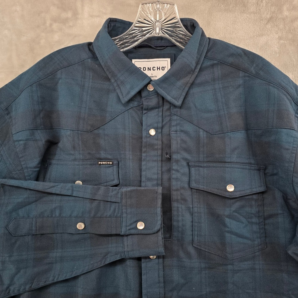 Poncho Western Shirt Mens Large Blue Plaid Pearl Snap Flannel Regular Fit